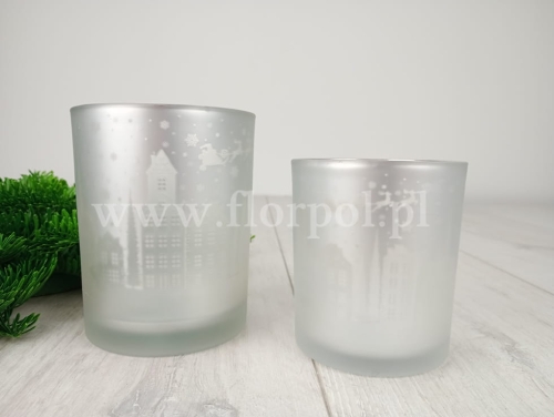 szklany świecznik świąteczny - miasteczko 1szt srebro (SZK-68-02217-24)