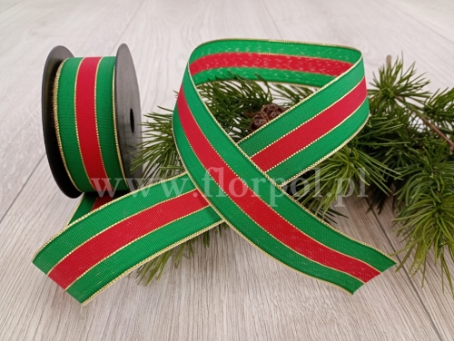 wstążka świąteczna –  pasek 4cm 1szt zielony/czerwony