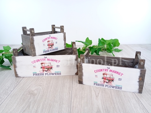 skrzynki drewniane z uchwytem - country market  zestaw 3szt szary (24W0082-R2)