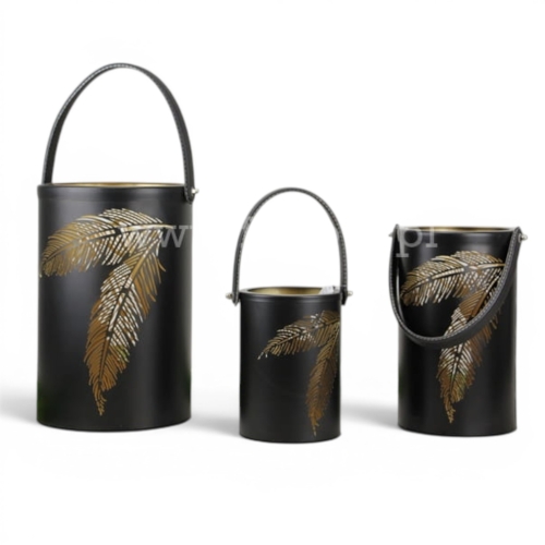 metalowy lampion walec h25 – wzór - liście 1szt czarny/złoty (IS0455)
