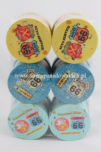 okrągłe pudełeczko z nadrukiem mix Route 66 12szt błękit/niebieski/musztardowy (9P4773)