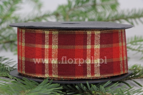 wstążka świąteczna – gruba kratka 4cm 1szt bordowy/złoty/czerwony